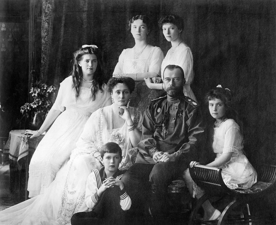 Photo shows members of the Romanovs, the last royal family of Russia including: seated (left to right) Marie, Queen Alexandra, Czar Nicholas II, Anastasia, Alexei (front), and standing (left to right), Olga and Tatiana. (Source: Flickr Commons project, 2010)