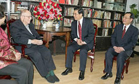 Israel Epstein, Mao Tse Tung’s ministers, shown here being honored for his service by current Chinese communist leader, Chairman Hu Jin Tao. 